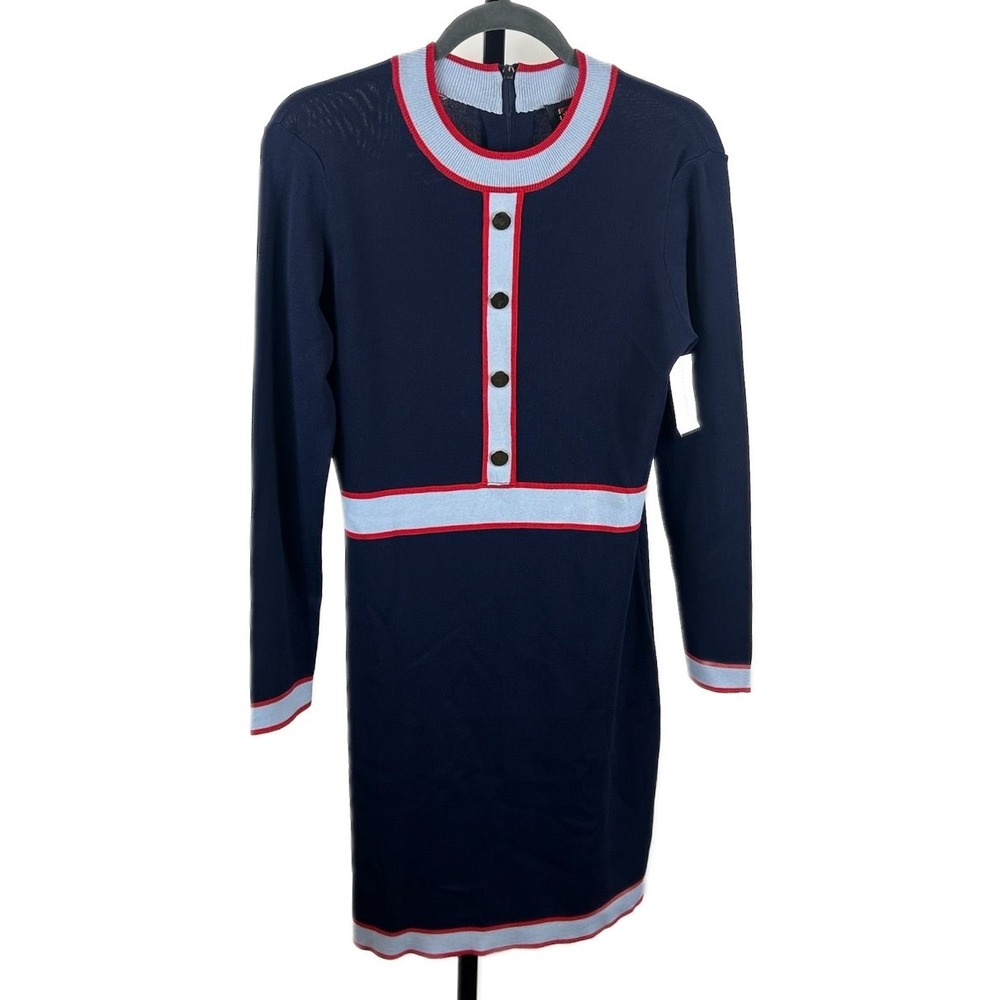 NEW Alexia Admor Sweater Dress Women's Size Large Blue Red Knit Career Wear Chic